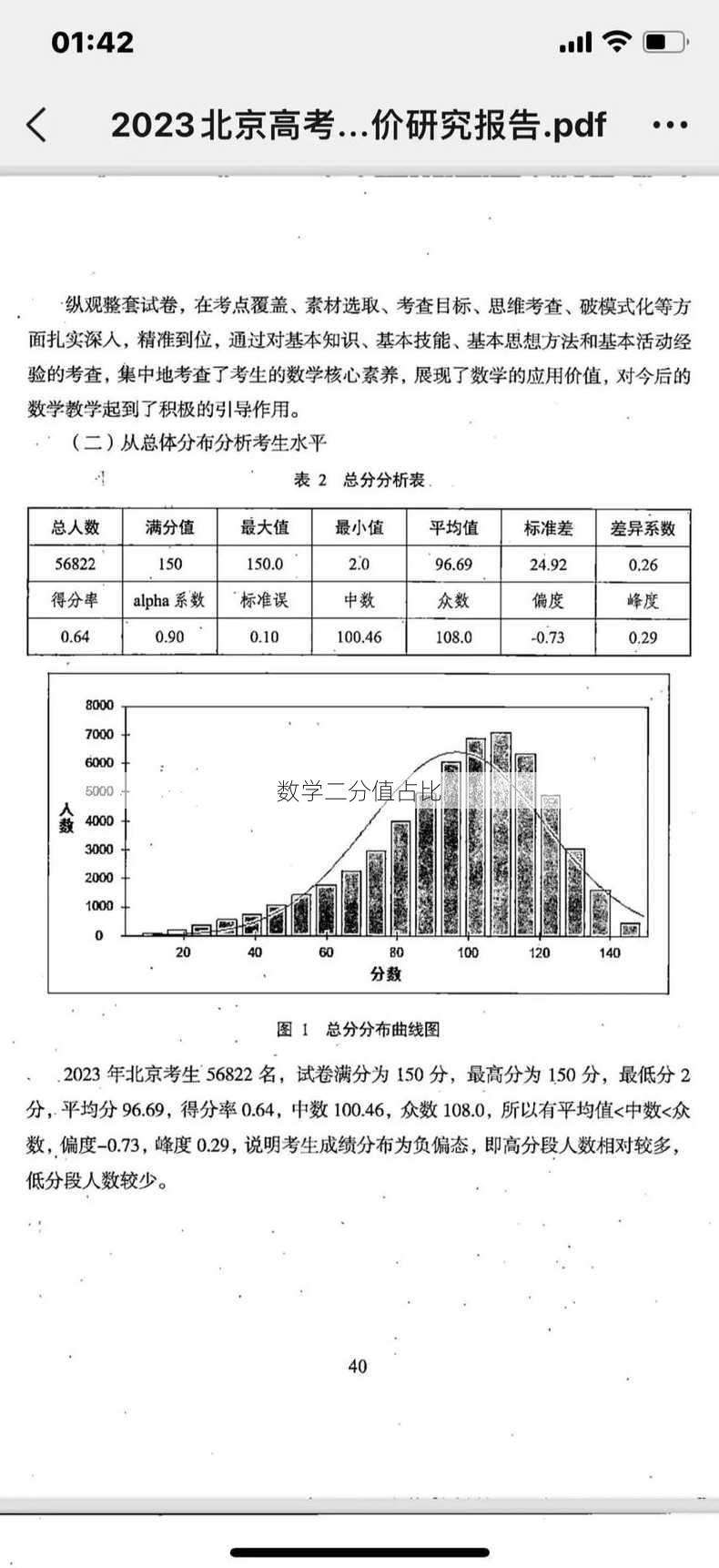 数学二分值占比